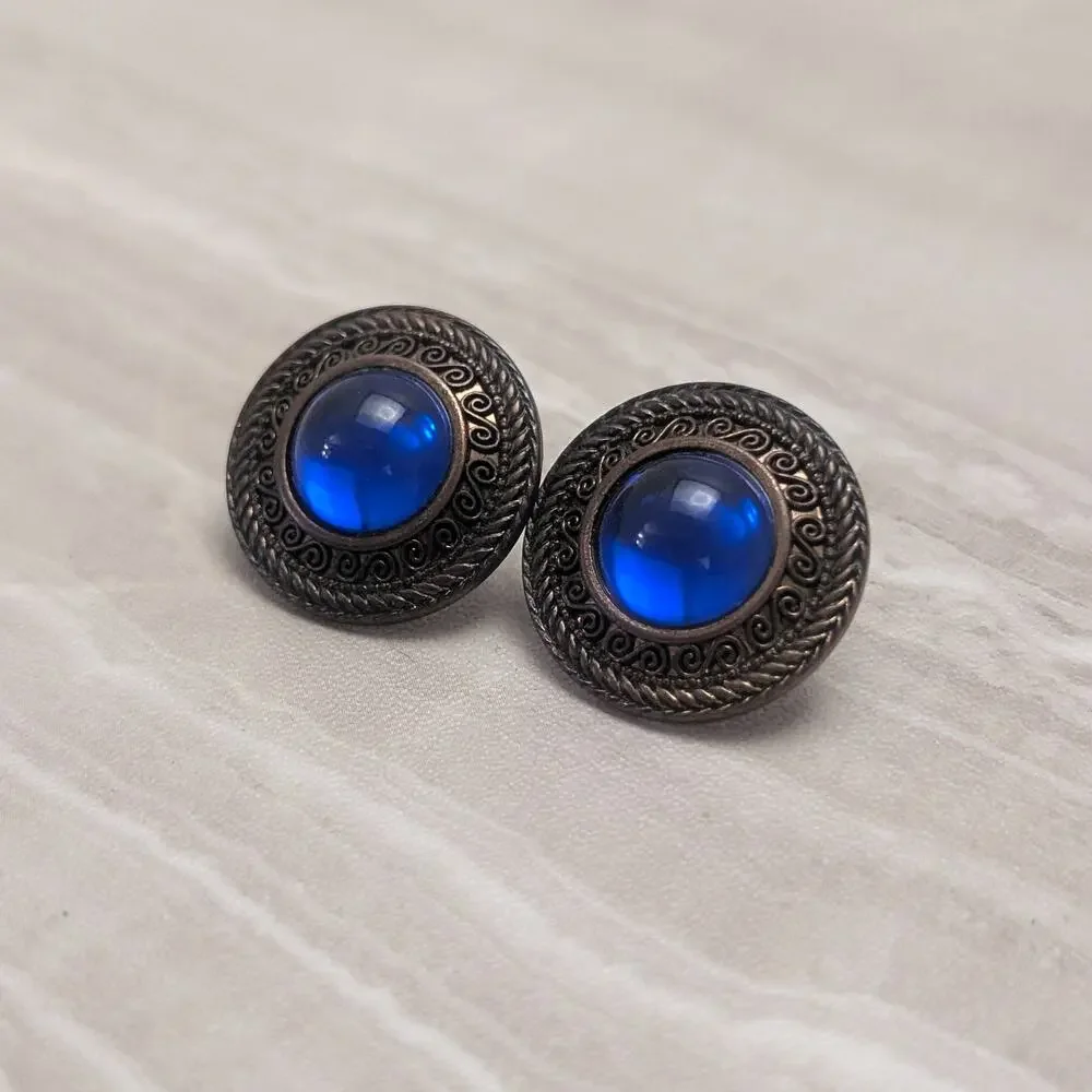 Vintage Stud Earrings Large Dark Tones with Blue Center 1
